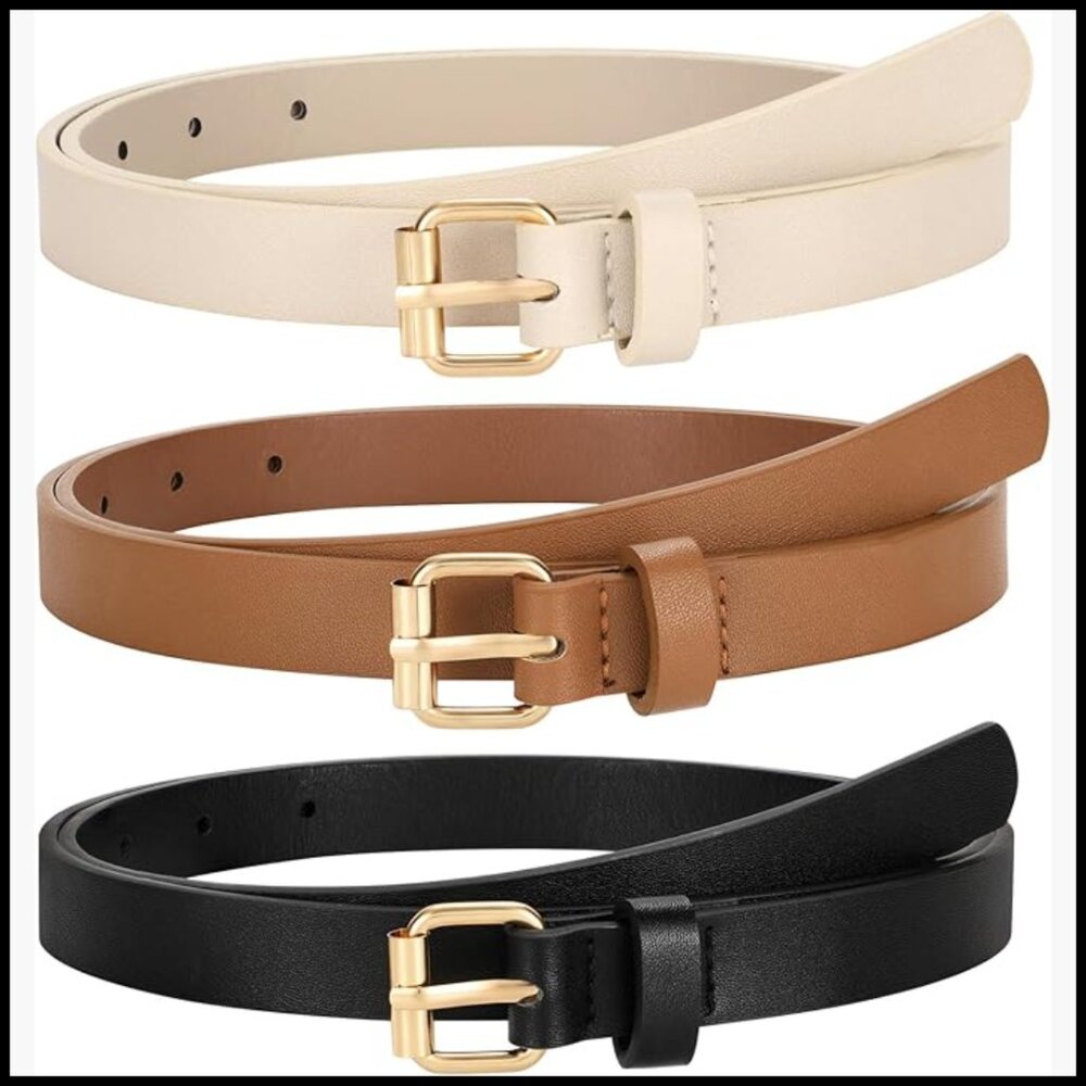Skinny PU Leather Belt with Gold Buckle for Women